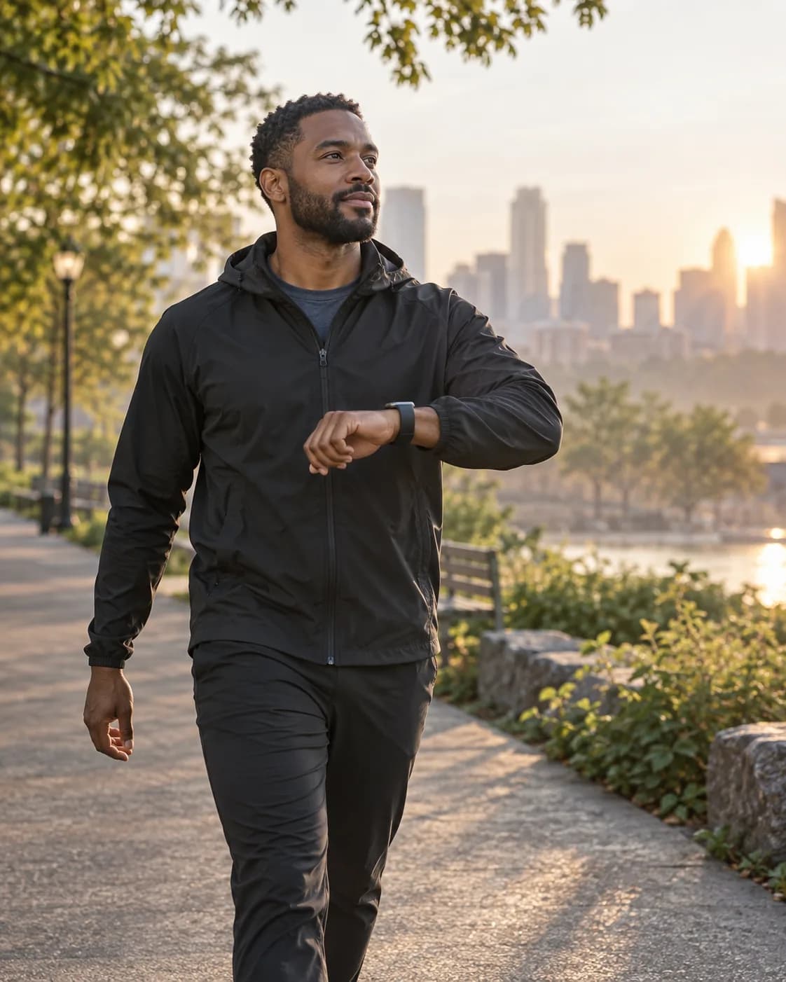 A man checking his watch on a morning walk by the river