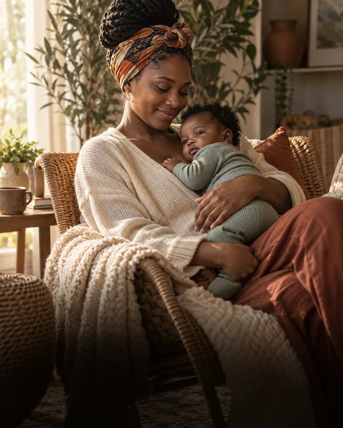 A mother resting in a chair with her baby