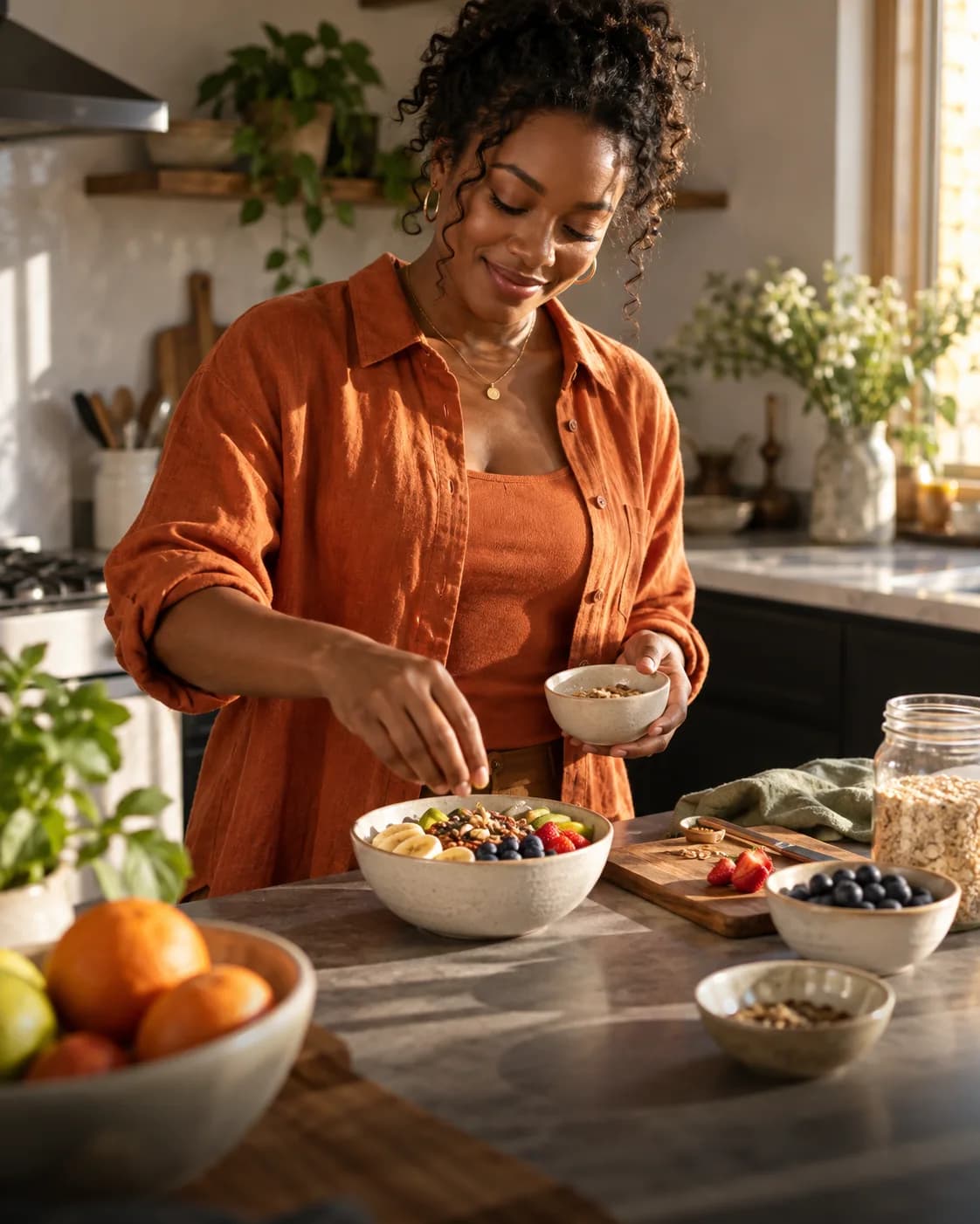 A woman adding fruit to a breakfast bowl in a sunny kitchen