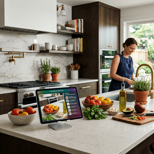 A tablet on a kitchen counter showing Chef Mode recognising ingredients